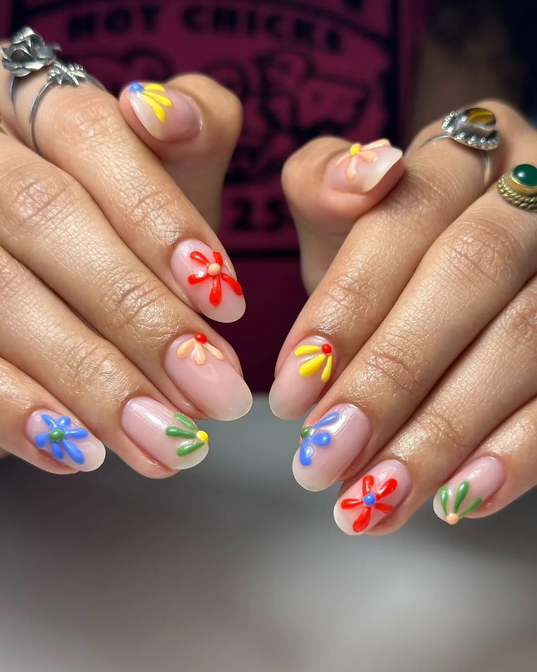 summer manicure color ideas 2026 Playful Retro Florals in Candy Colors