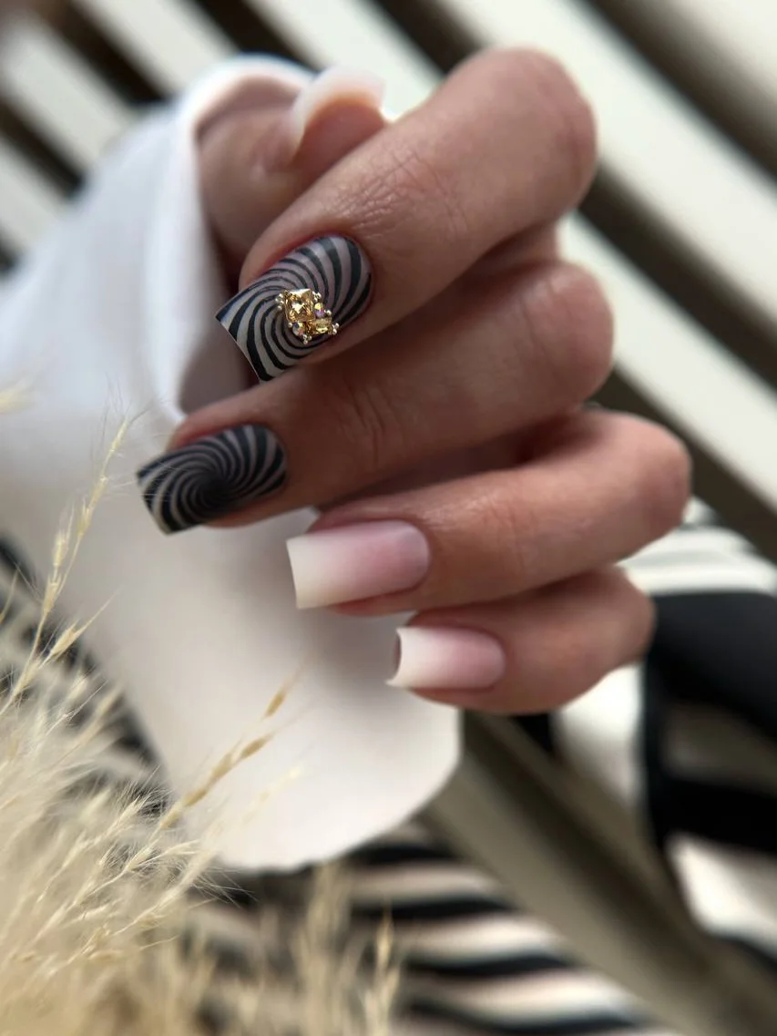 summer manicure color ideas 2026 Graphic Black Swirl Acrylic Nails