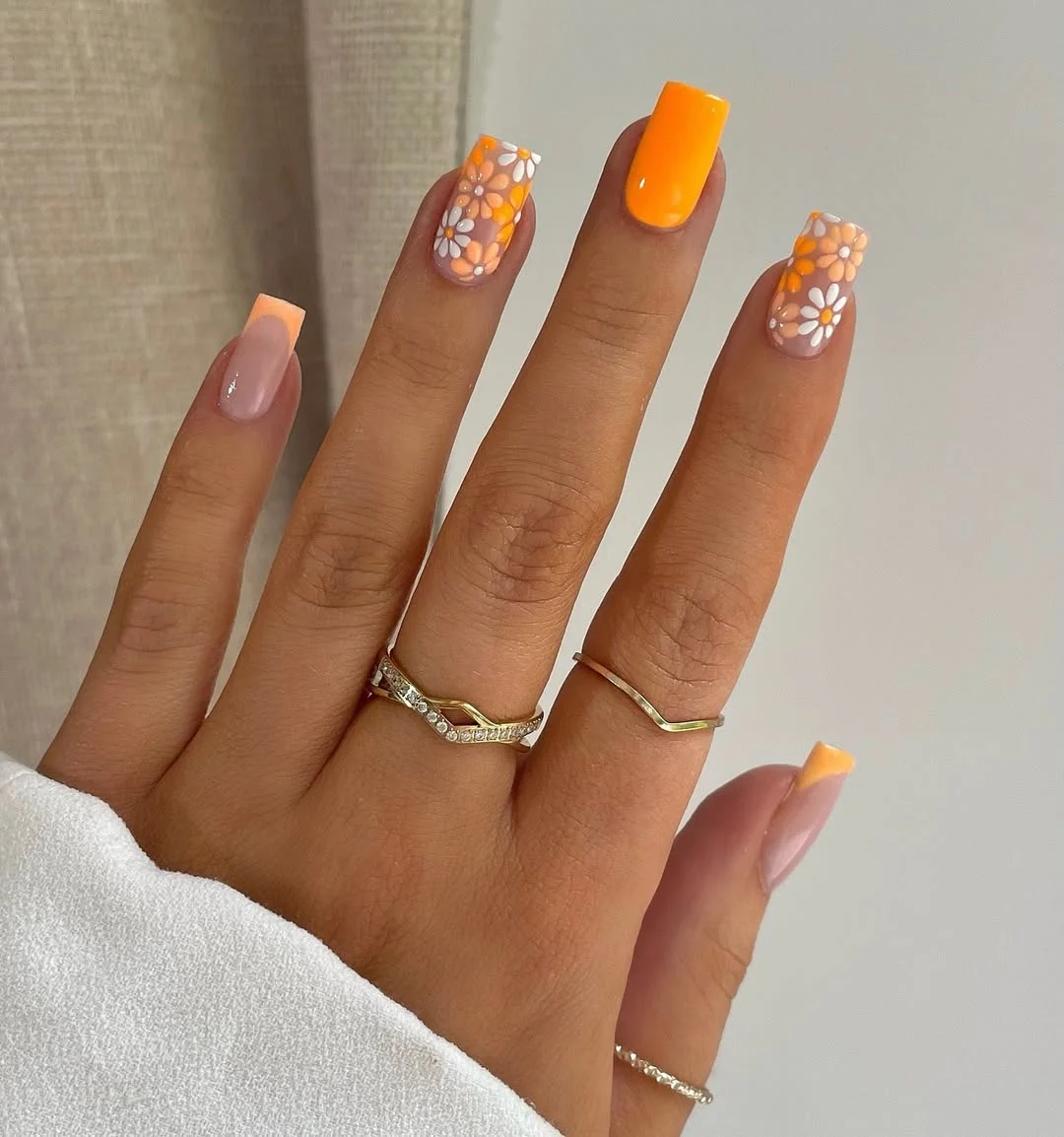 summer manicure color ideas 2026 Orange Daisy French Nails