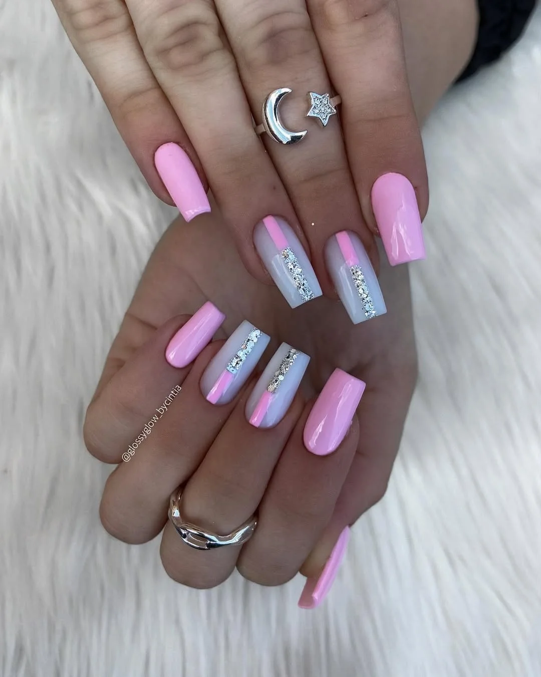 summer manicure color ideas 2026 Pink Glitter Stripe Acrylic Nails