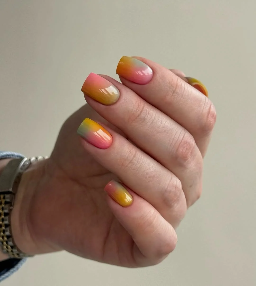 summer manicure color ideas 2026 Sunset Aura Rainbow Nails