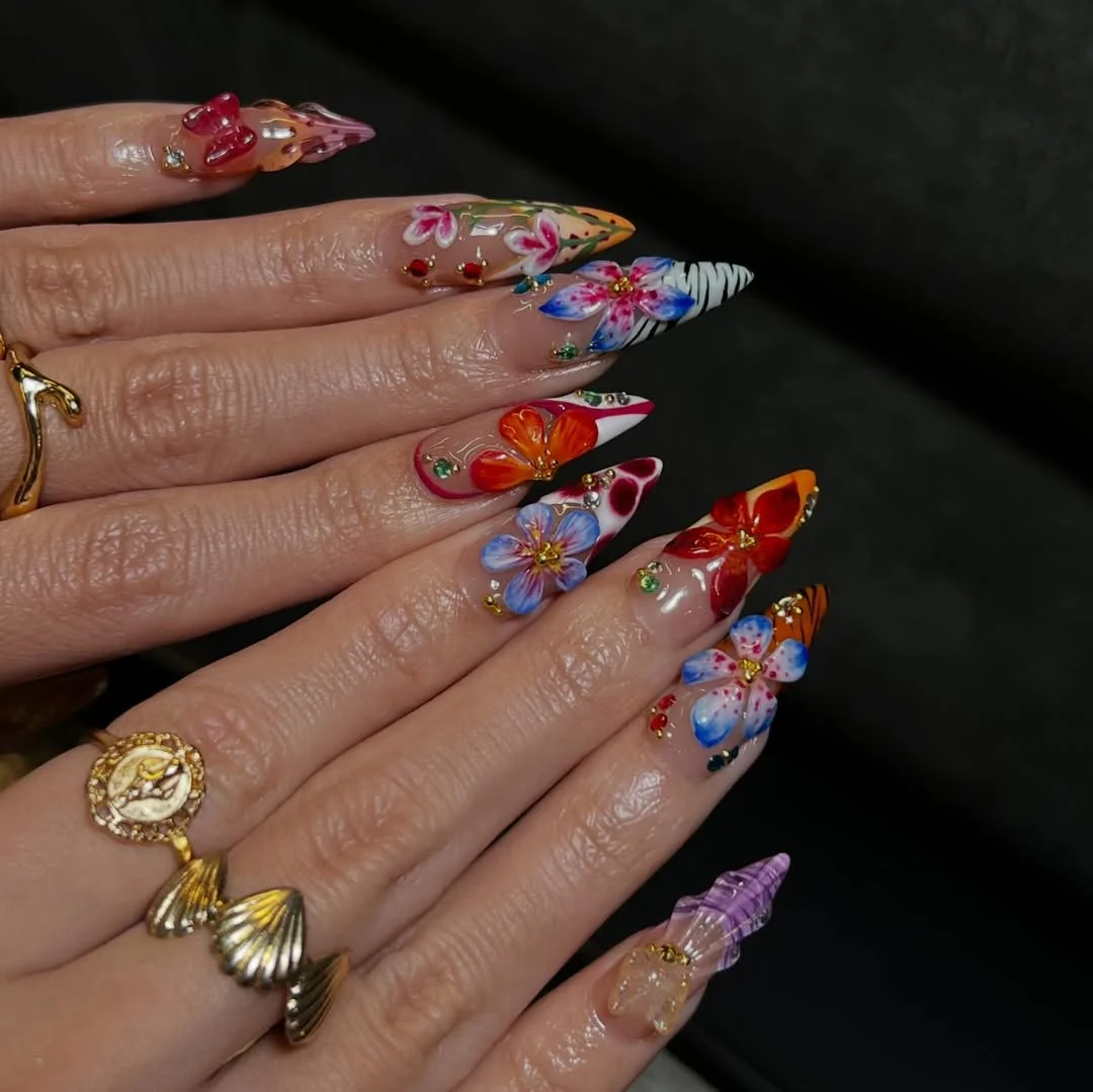 summer nail art 2026 Maximalist Tropical Florals with 3D Vacation Energy