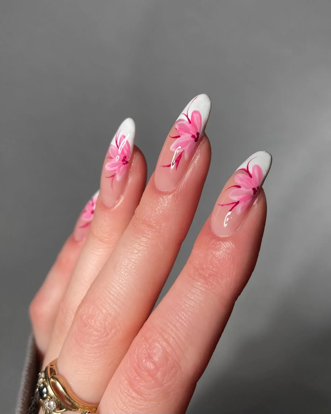 summer nail art 2026 Pink Floral French Nails for Soft Summer Evenings