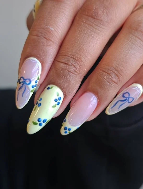 summer nail art 2026 Soft Blueberry Ribbon Nails