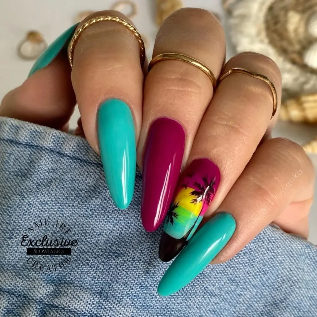 summer nail art 2026 Bright Sunset Palm Tree Nails