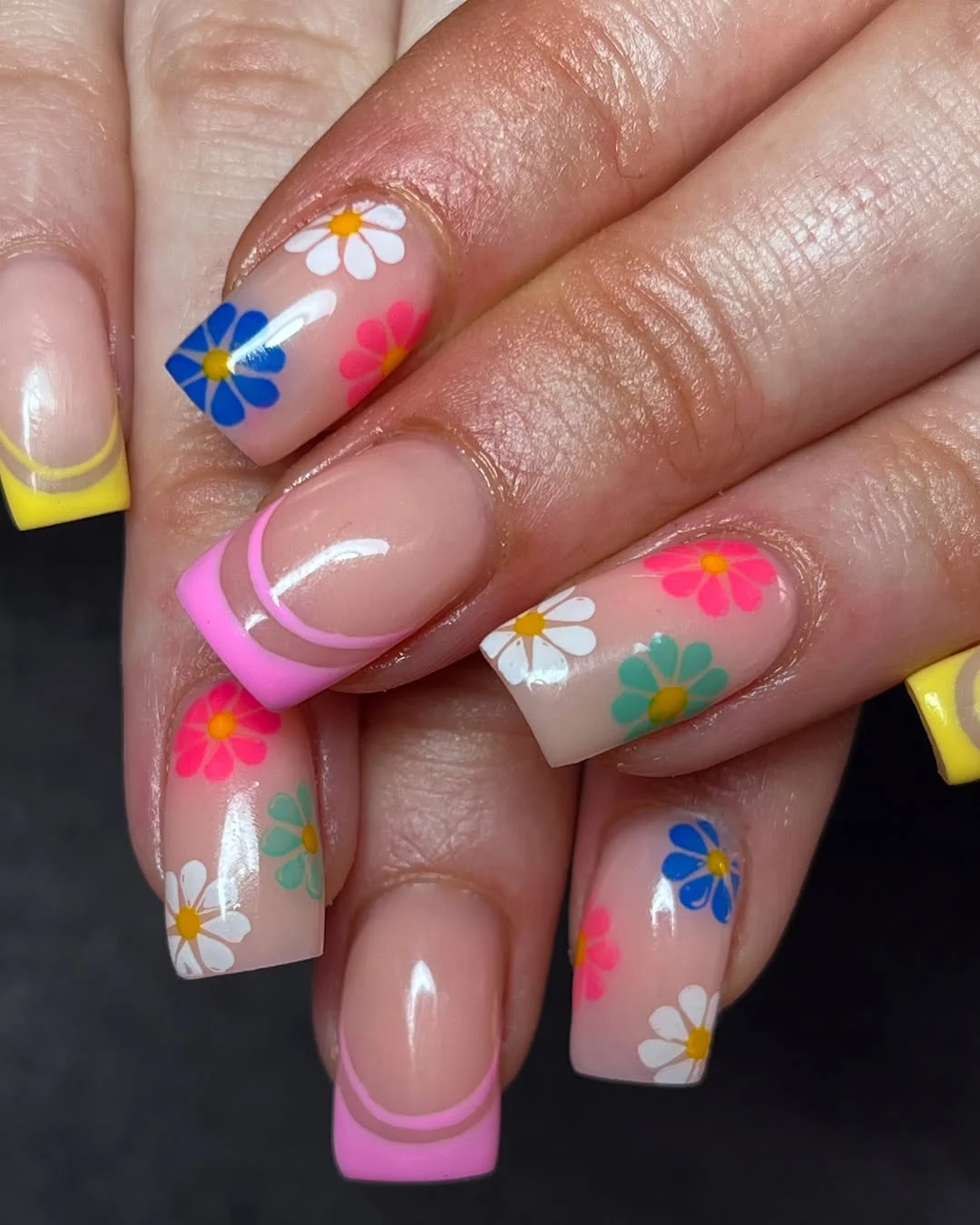 summer nail art 2026 Colorful Daisy French Tip Nails