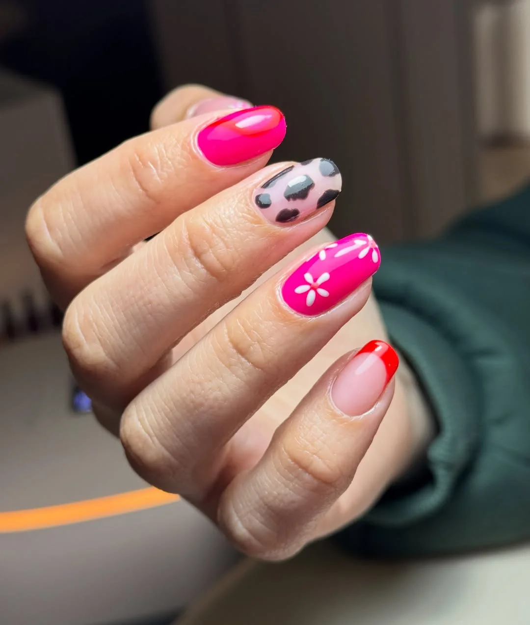 summer nail art ideas 2026 Hot Pink Short Nails With Cow Print Accents