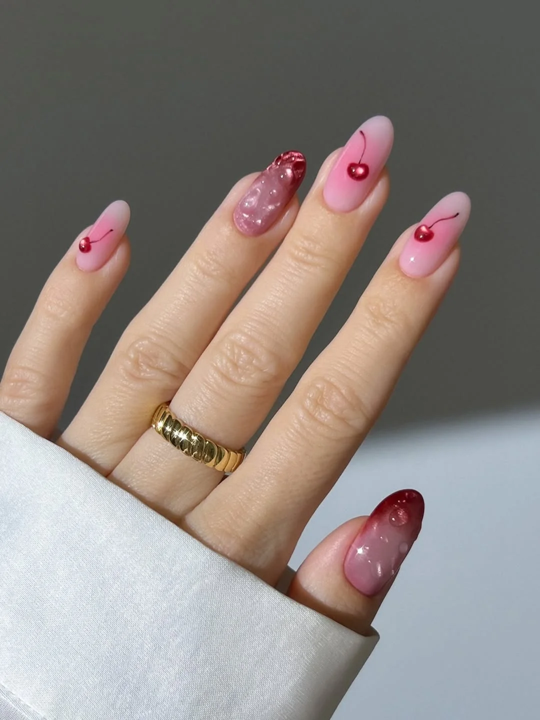 summer nail art ideas 2026 Cherry Glazed Pink Nails With Juicy Red Details