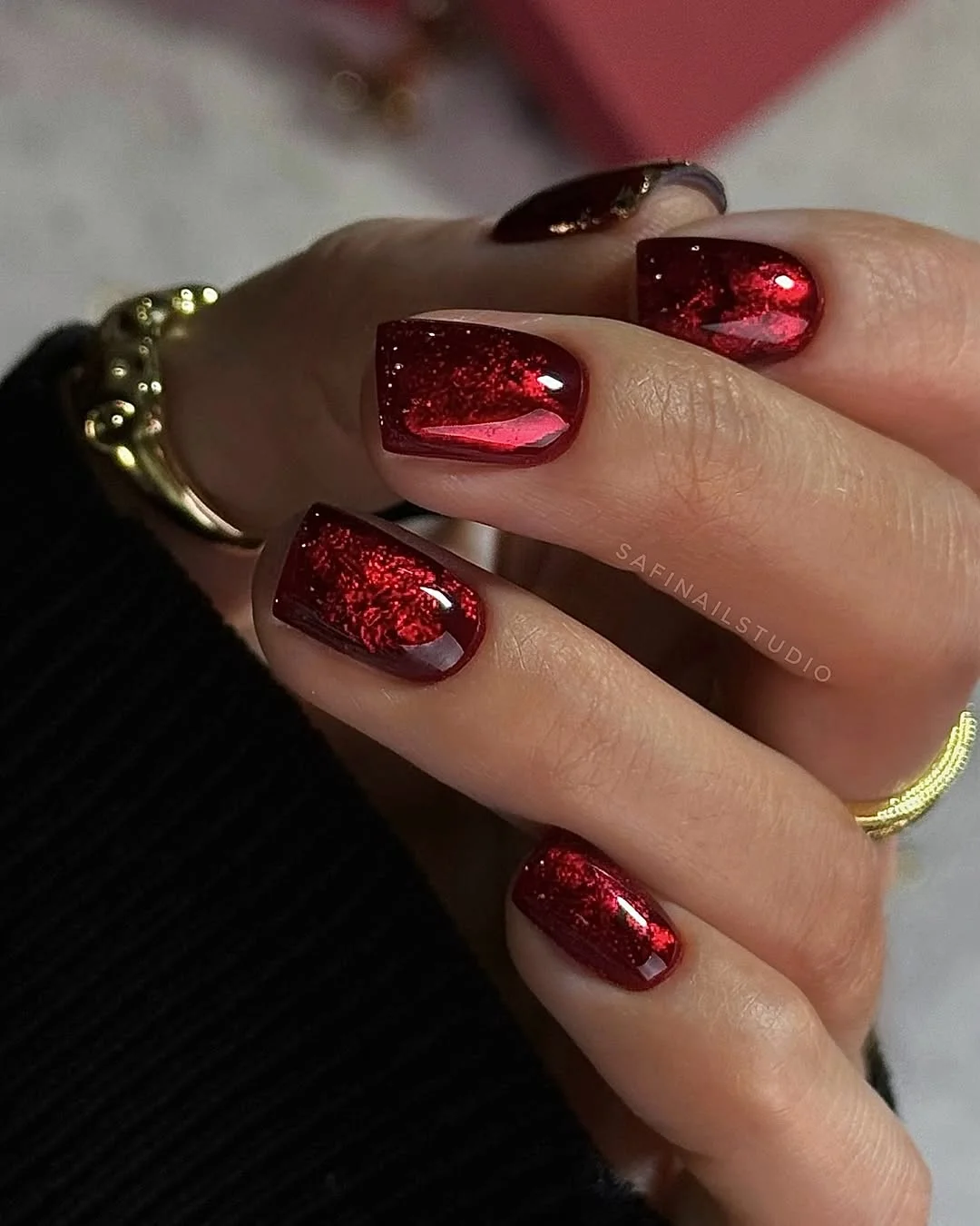 summer nail art ideas 2026 Deep Cherry Chrome Nails With Glossy Red Sparkle