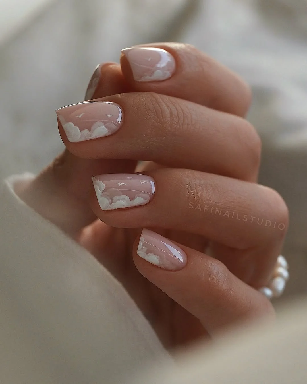 summer nail art ideas 2026 Soft Cloud Nails With Dreamy Neutral Detail