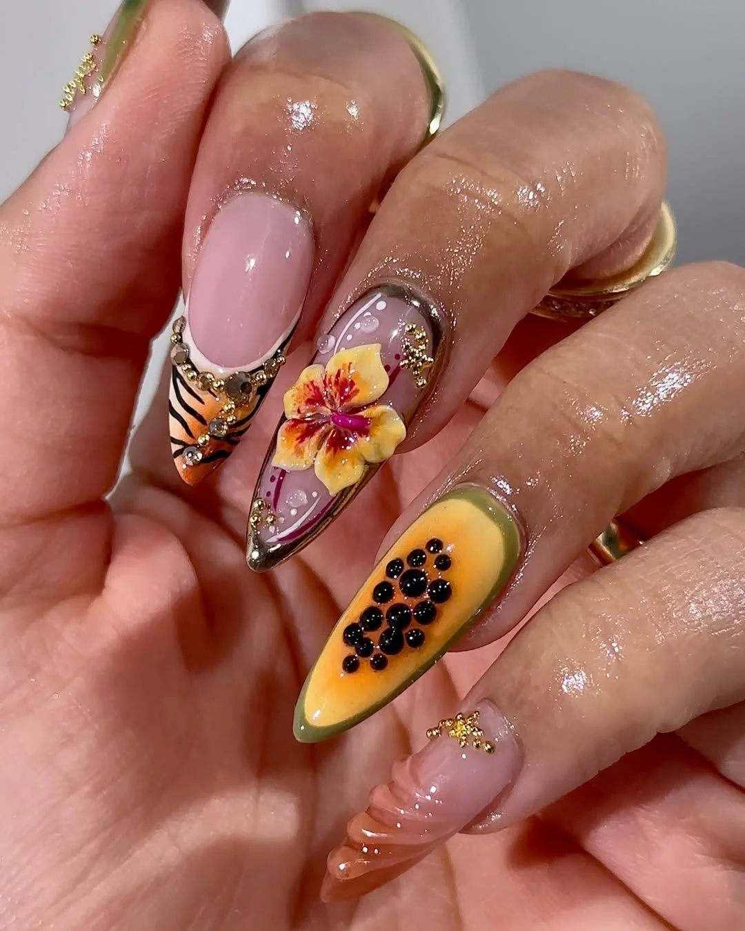 summer nail art ideas 2026 Tropical Flower And Papaya Nails