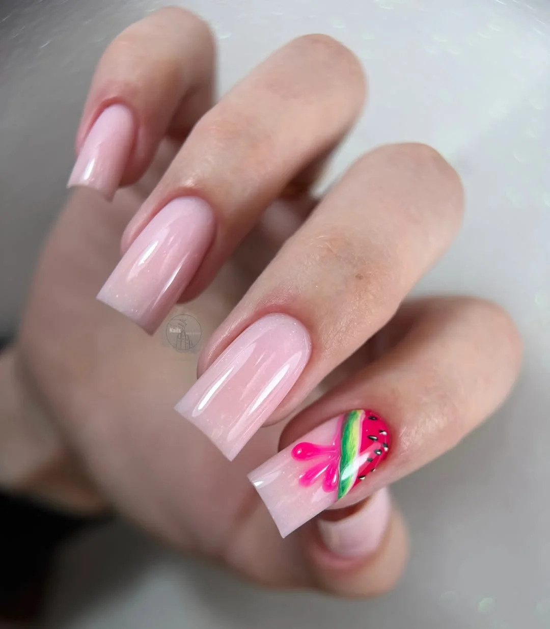 summer nail colors 2026 Watermelon Accent Square Nails