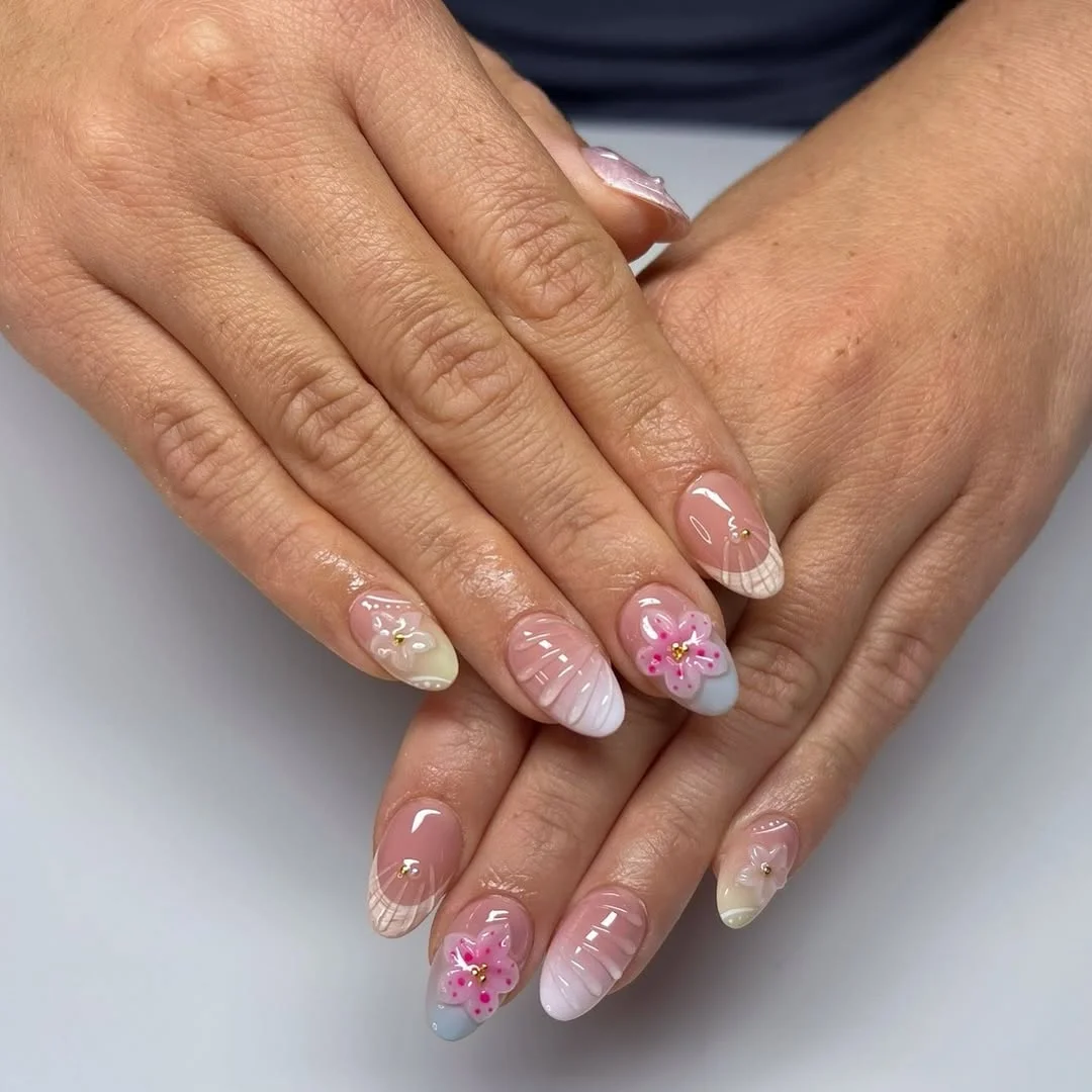 summer nail colors 2026 Glossy Floral Almond Combos