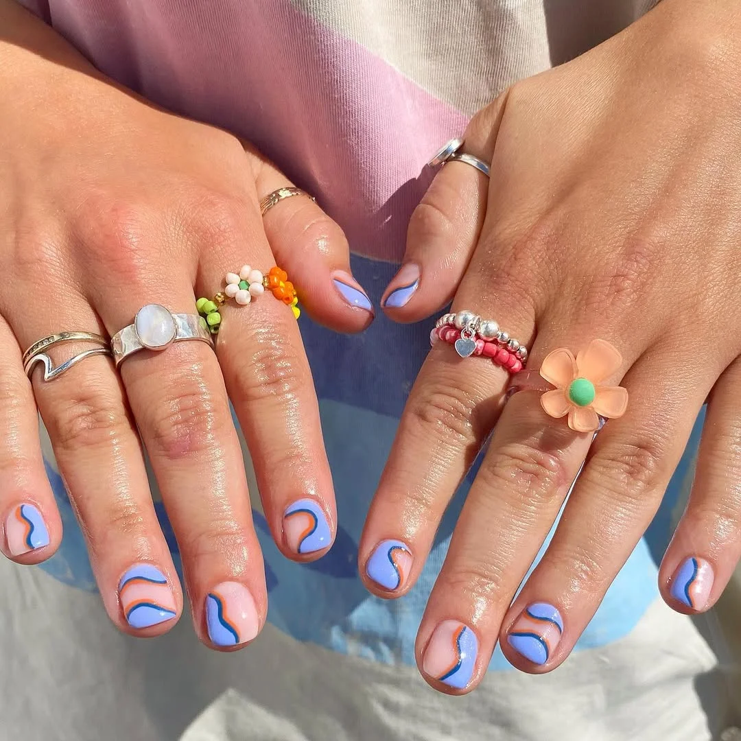 summer nail colors 2026 Retro Blue Wave Short Nails