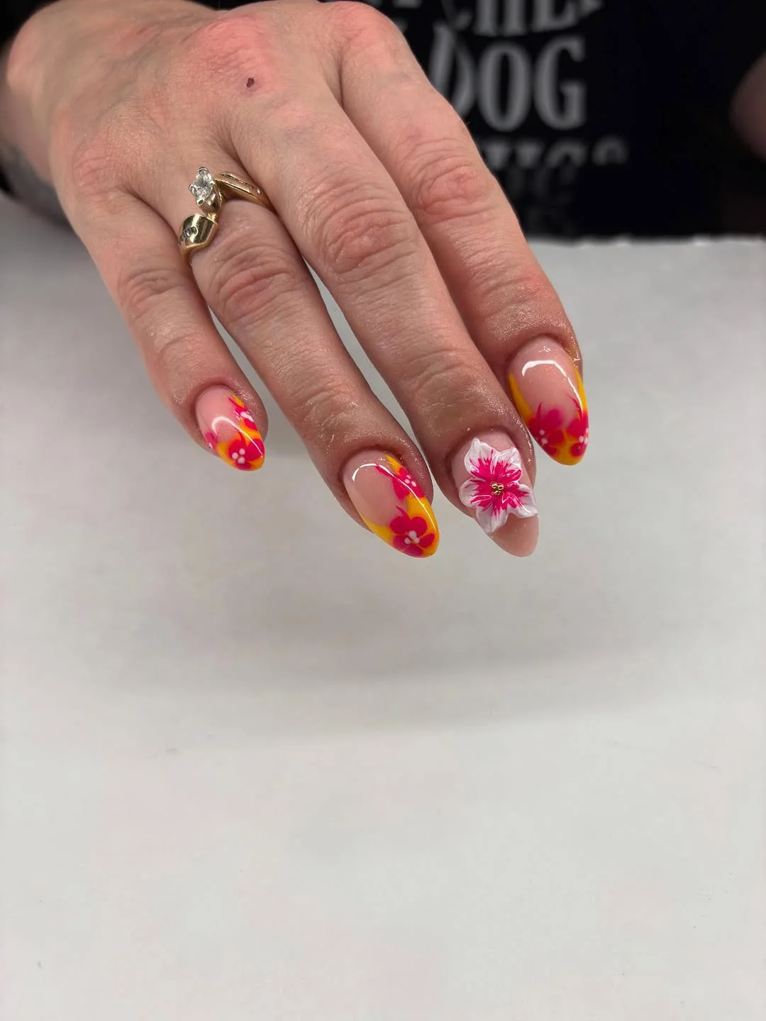 summer nail colors 2026 Sunset Floral Almond Nails