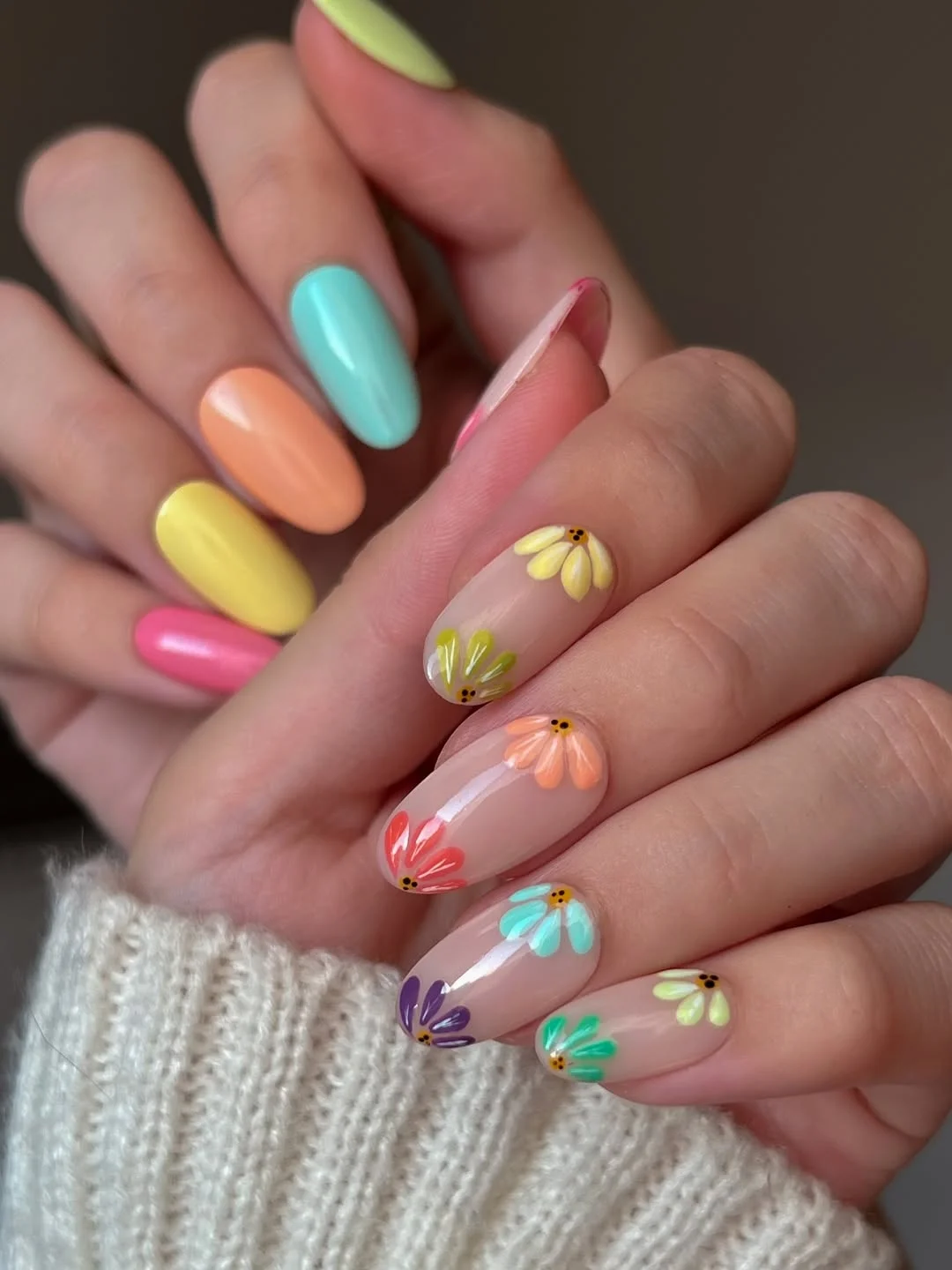 summer nail colours 2026 Rainbow Daisy Nails With a Soft Nude Base