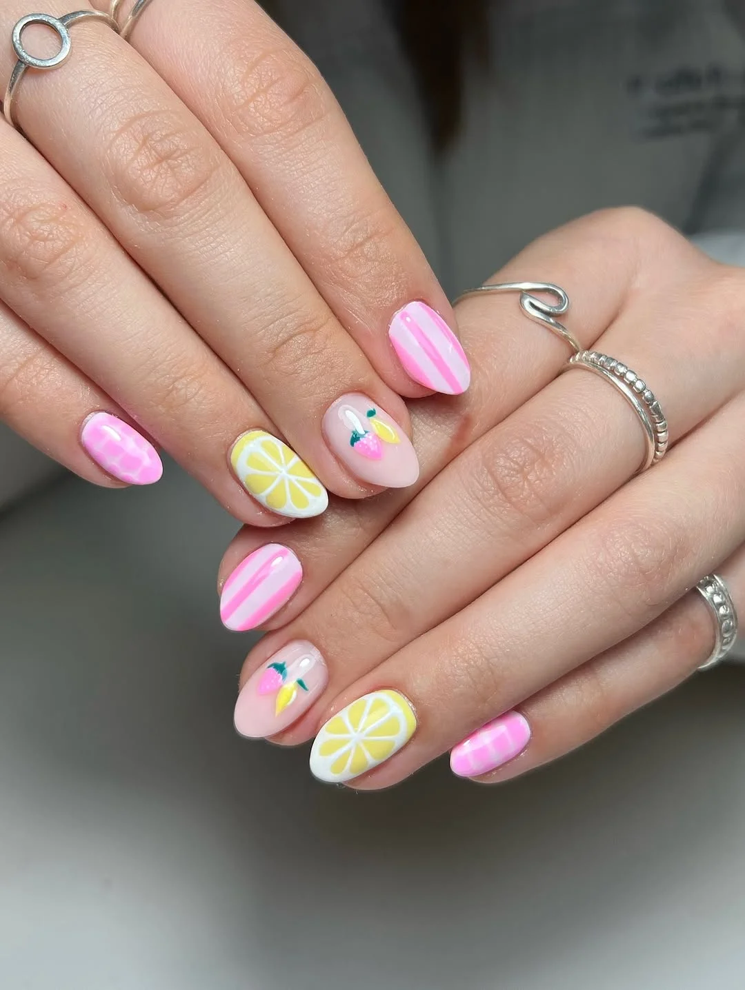 summer nail colours 2026 Pink Lemonade Fruit Nails for Short Summer Manicures