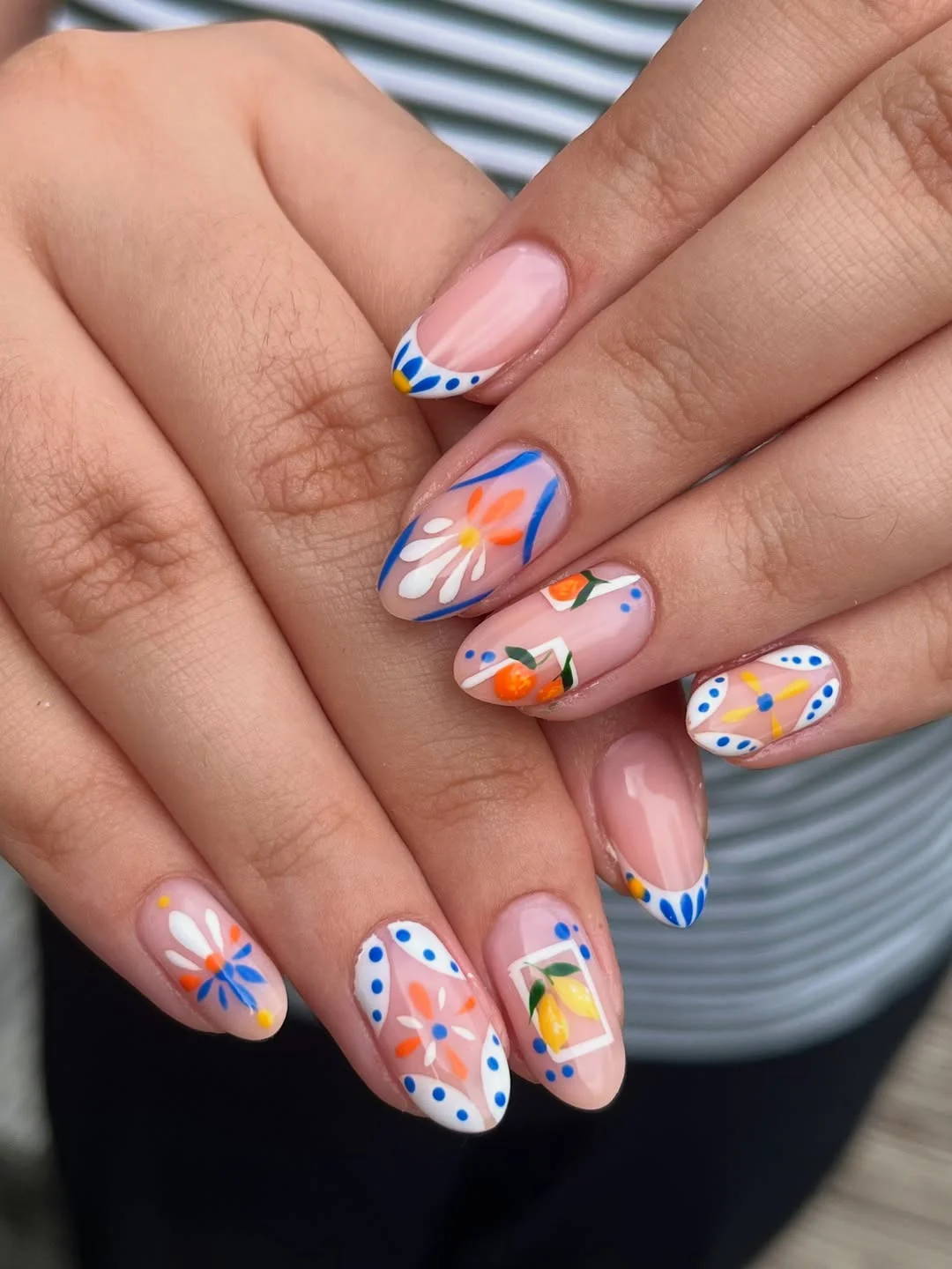 summer nail colours 2026 Blue And Orange Folk Art Nails