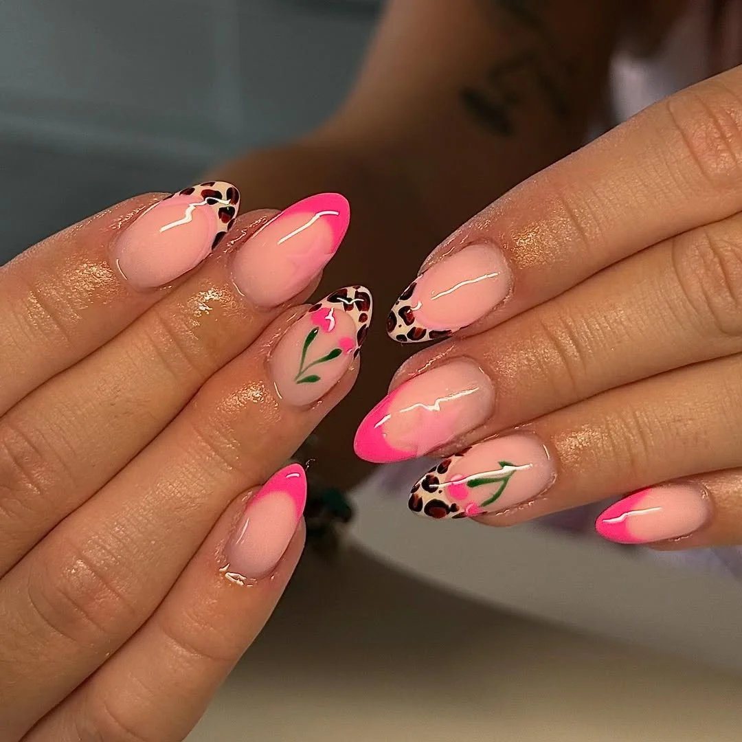 summer nail colours 2026 Hot Pink Leopard French Nails