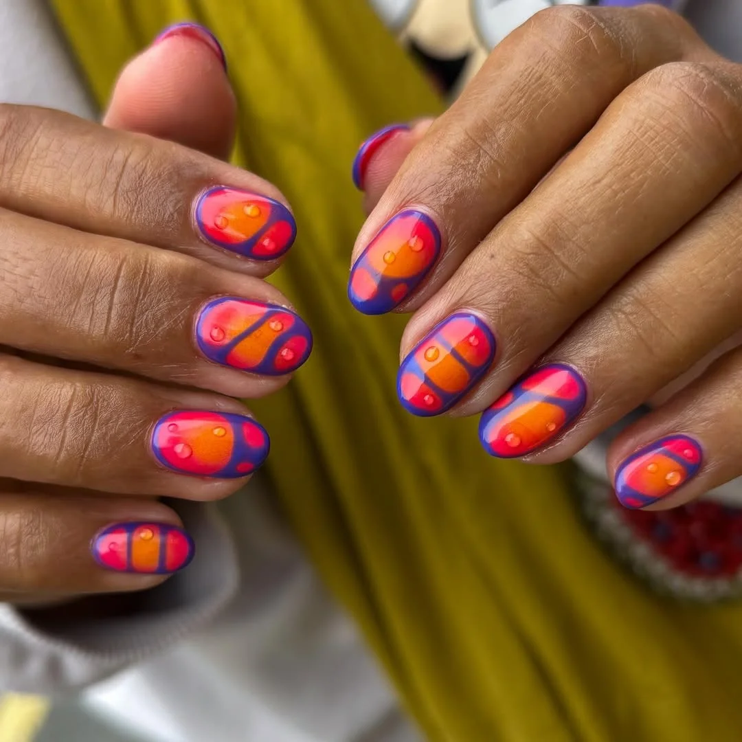 summer nail colours 2026 Electric Sunset Grid Nails