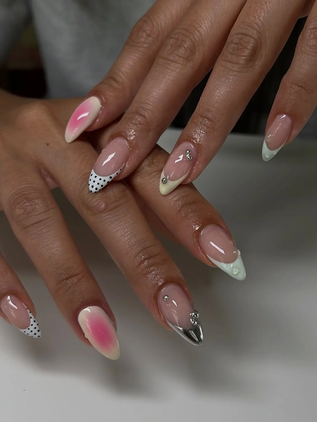 summer nail colours 2026 Mixed Chrome And Polka Dot French Nails