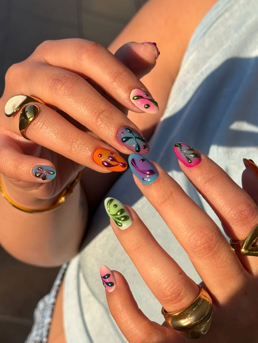 summer nail inspo 2026 Color Splash Almond Nails With Glossy Art