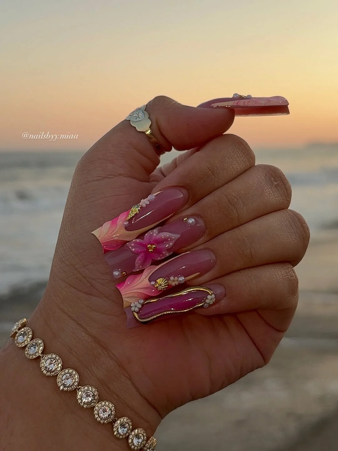 summer nail inspo 2026 Pink Sunset Floral Coffin Nails