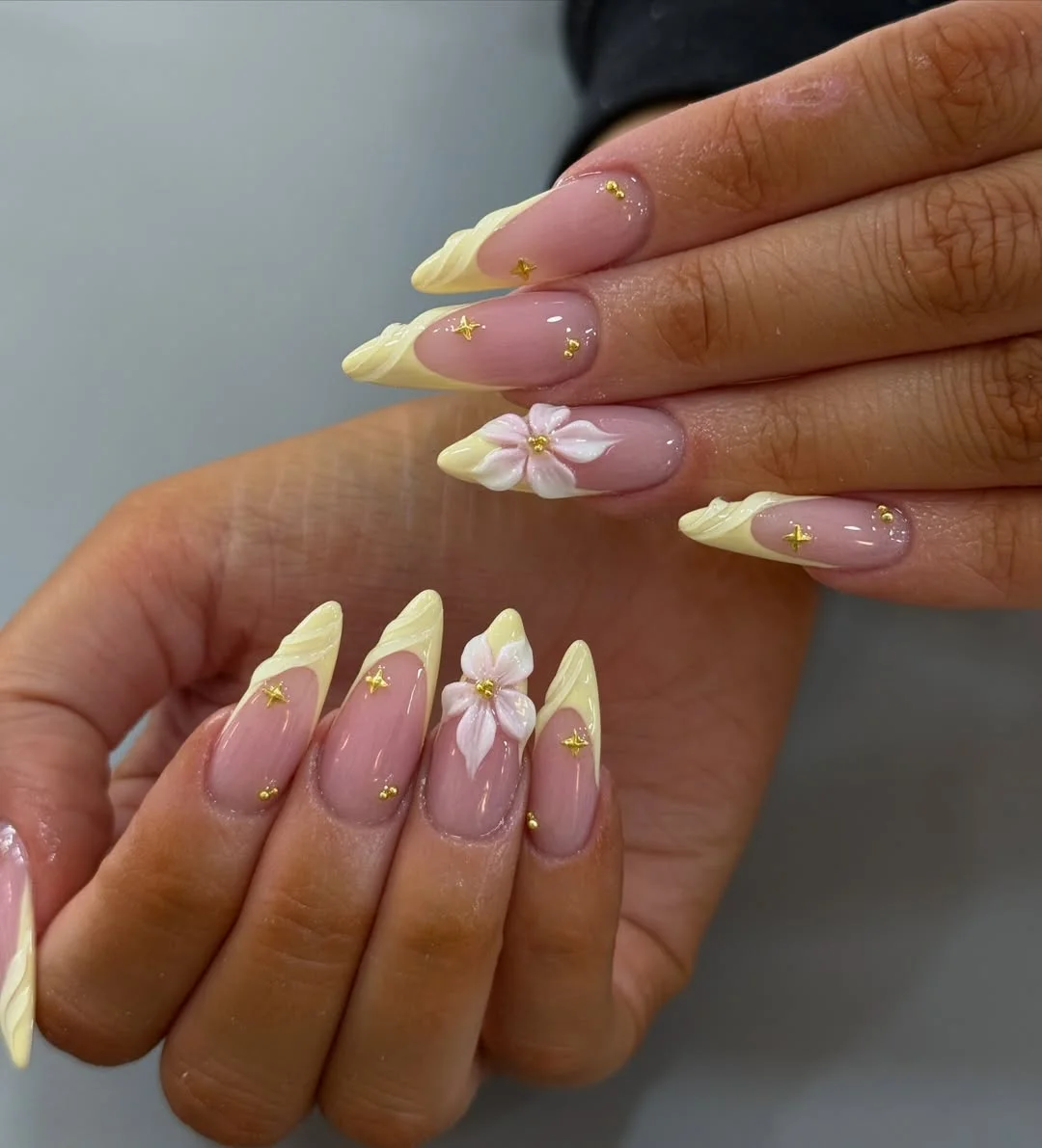 summer nail inspo 2026 Butter Yellow Floral French Nails