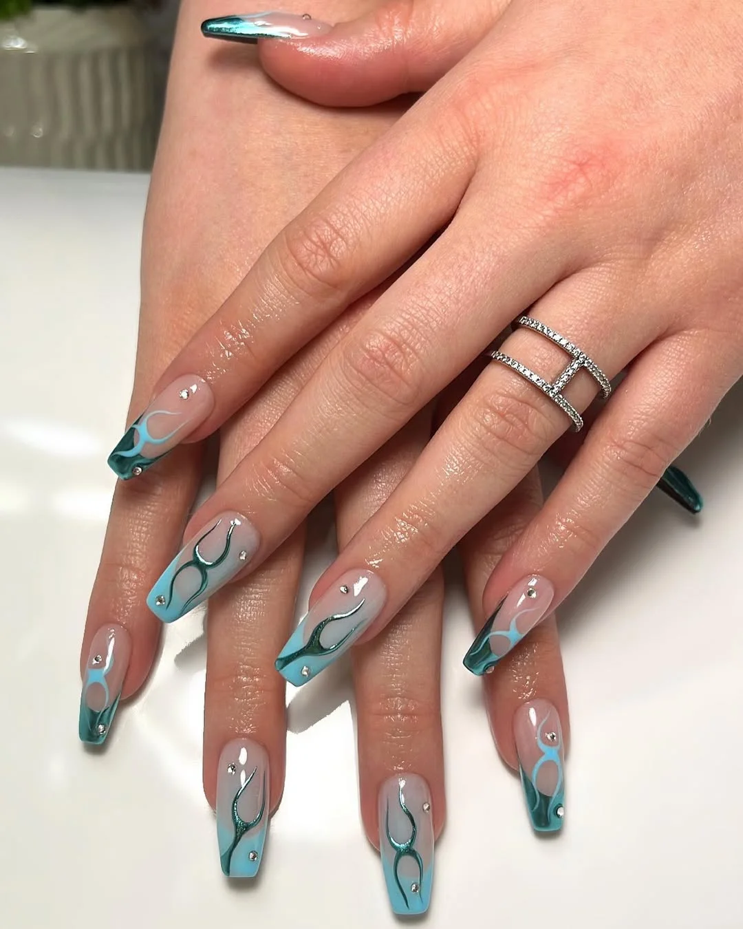 summer nails ballerina shape 2026 Blue Flame French Nails For Poolside Weekends