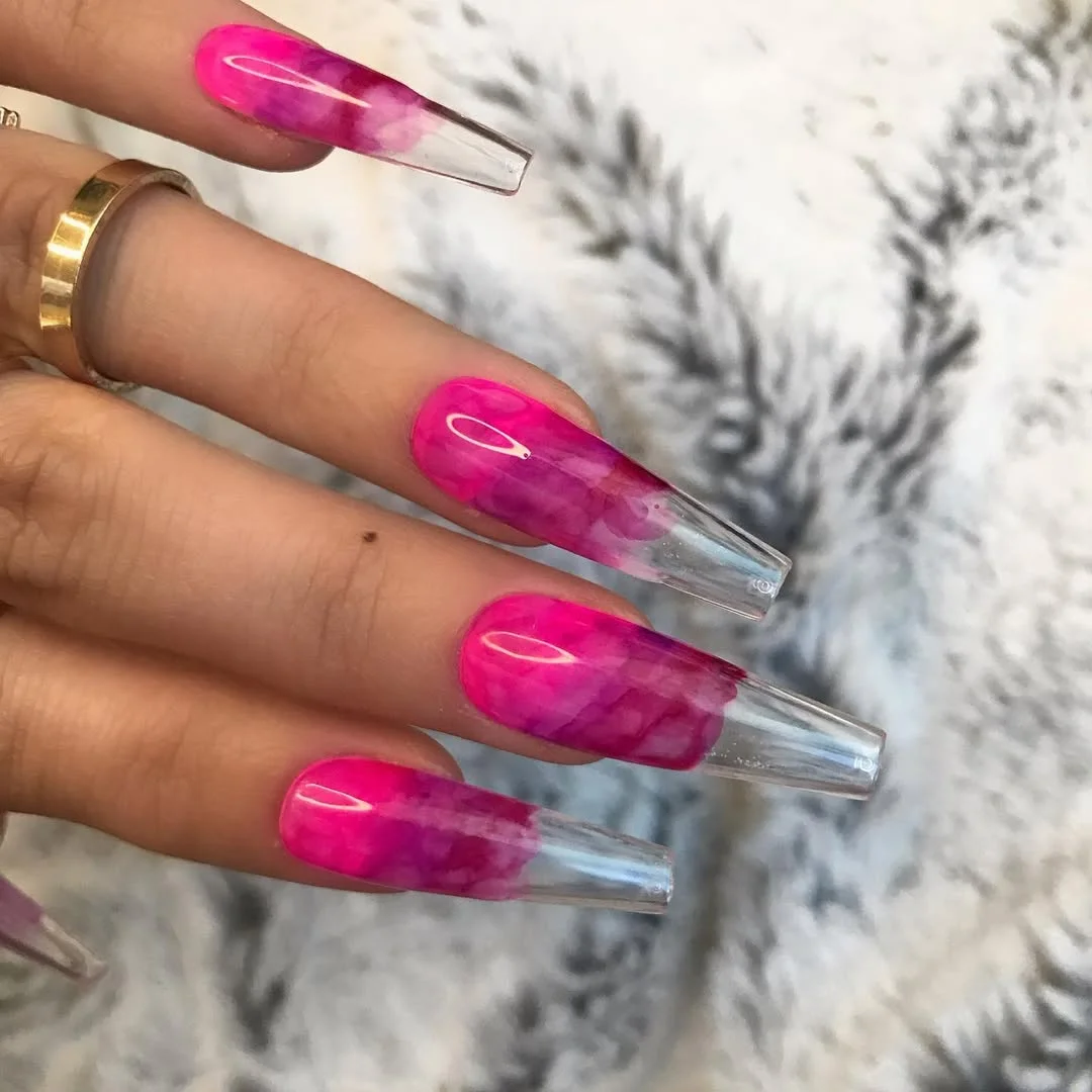 summer nails ballerina shape 2026 Hot Pink Aura Tips With Transparent Edges