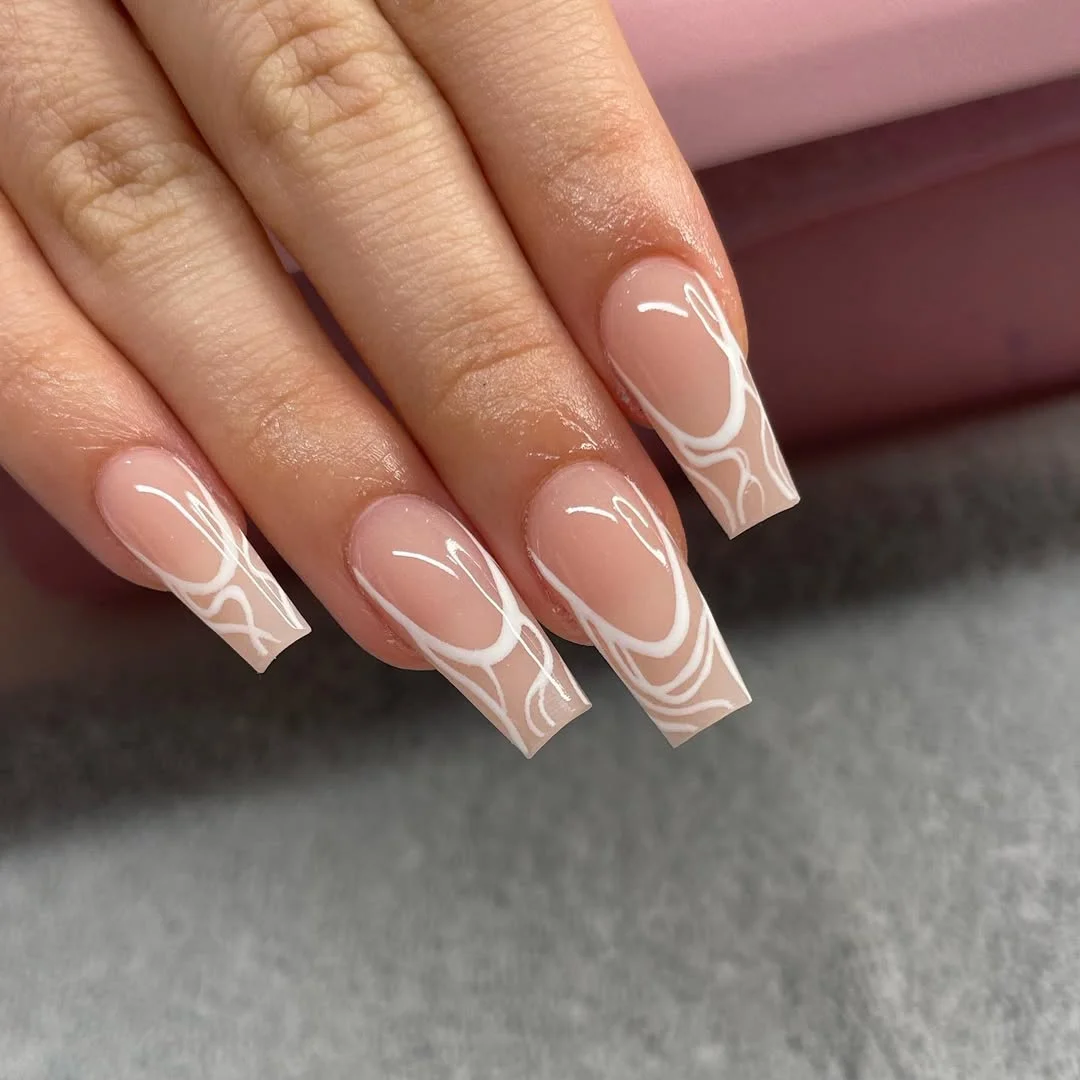 summer nails ballerina shape 2026 Soft White Abstract Lines On Milky Nude Nails