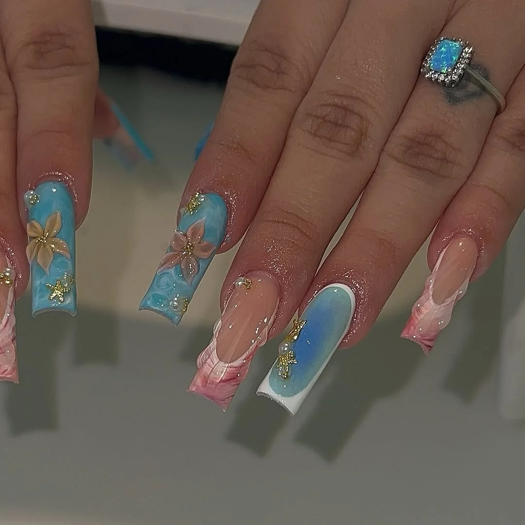 summer nails ballerina shape 2026 Blue And Pink Floral Marble Nails