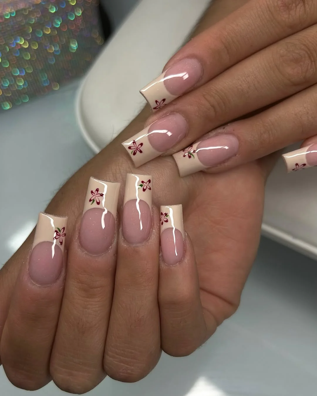 summer nails ballerina shape 2026 Minimal Floral French Tips In Soft White