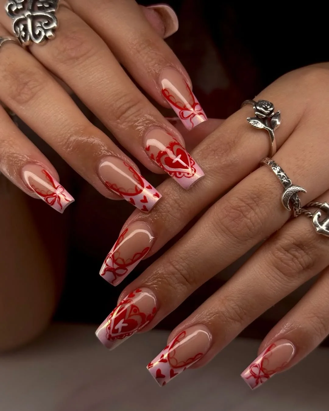 summer nails ballerina shape 2026 Cherry Red Hearts With Romantic French Details