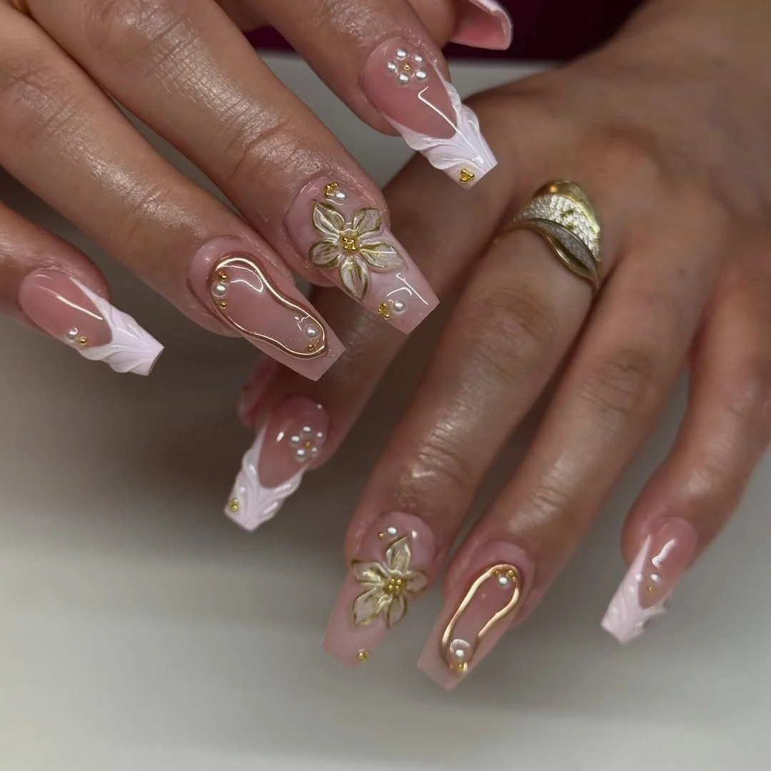 summer nails ballerina shape 2026 Soft Pink Florals With Pearl Accents