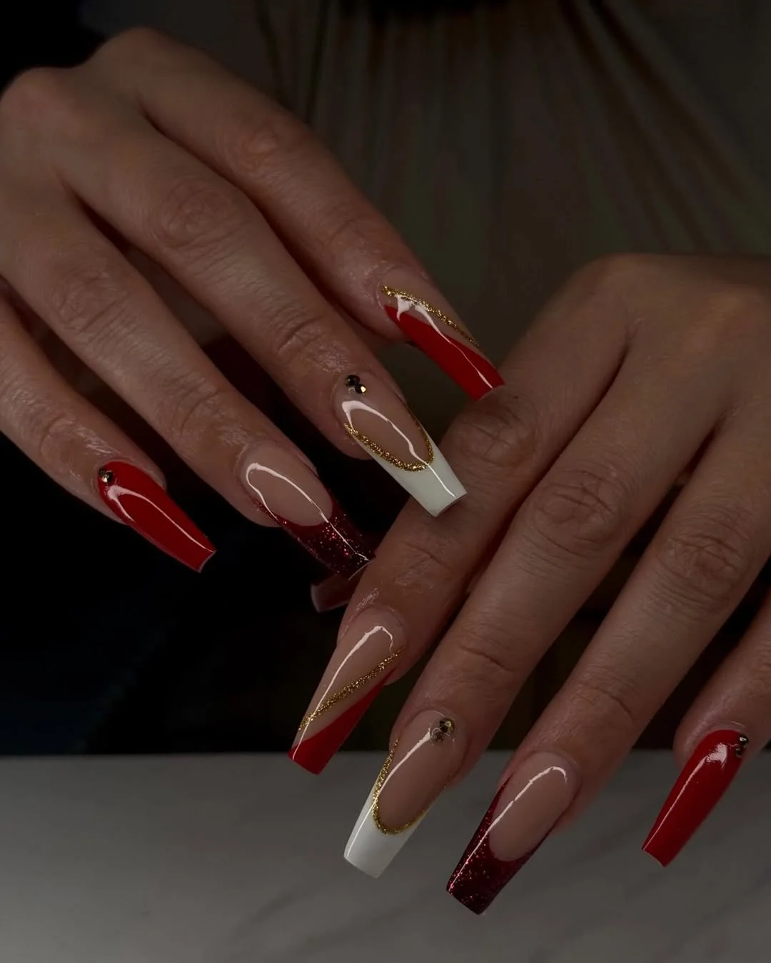 summer nails ballerina shape 2026 Red And White French Tips With Gold Curves