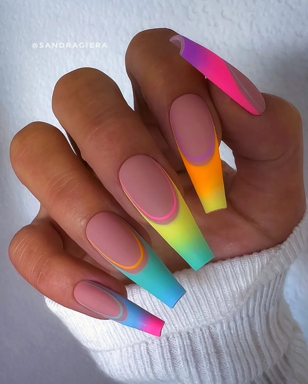 summer nails ballerina shape 2026 Rainbow Aura French Tips