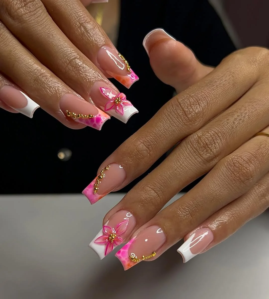 summer nails square 2026 Pink Floral Square Nails With Gold Details