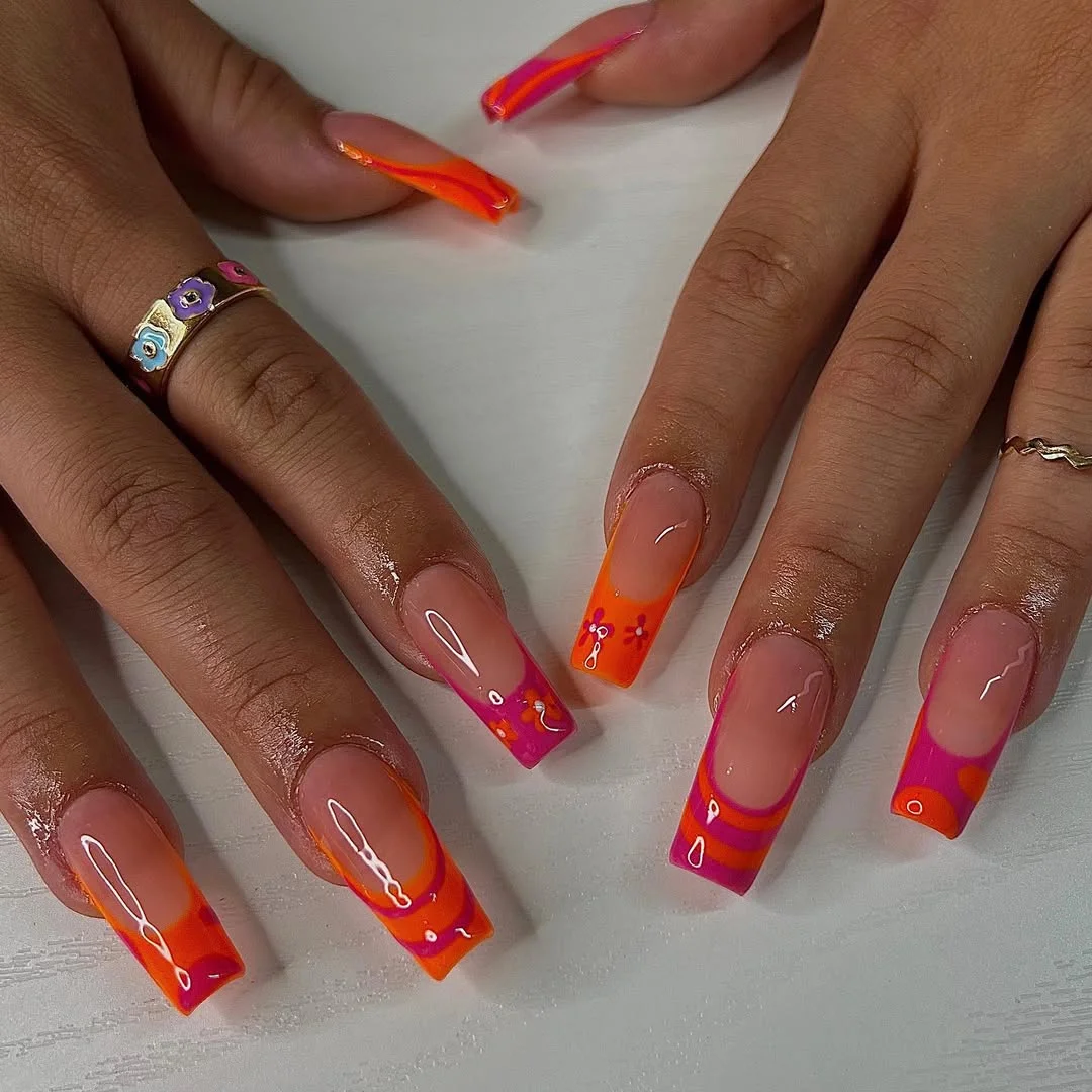 summer nails square 2026 Bright Y2K Orange And Pink Square Tips
