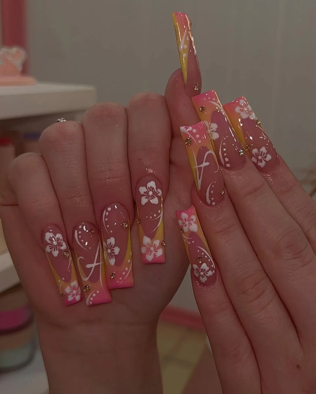 summer nails square 2026 Soft Pink And Yellow Flower Square Nails