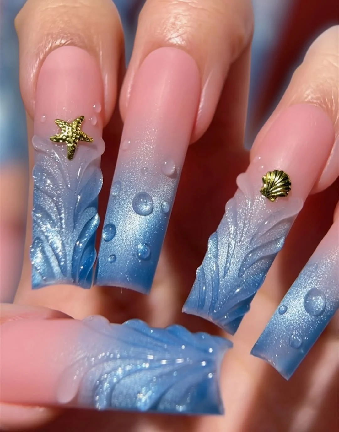 summer nails square 2026 Ocean Blue 3D Summer Nails