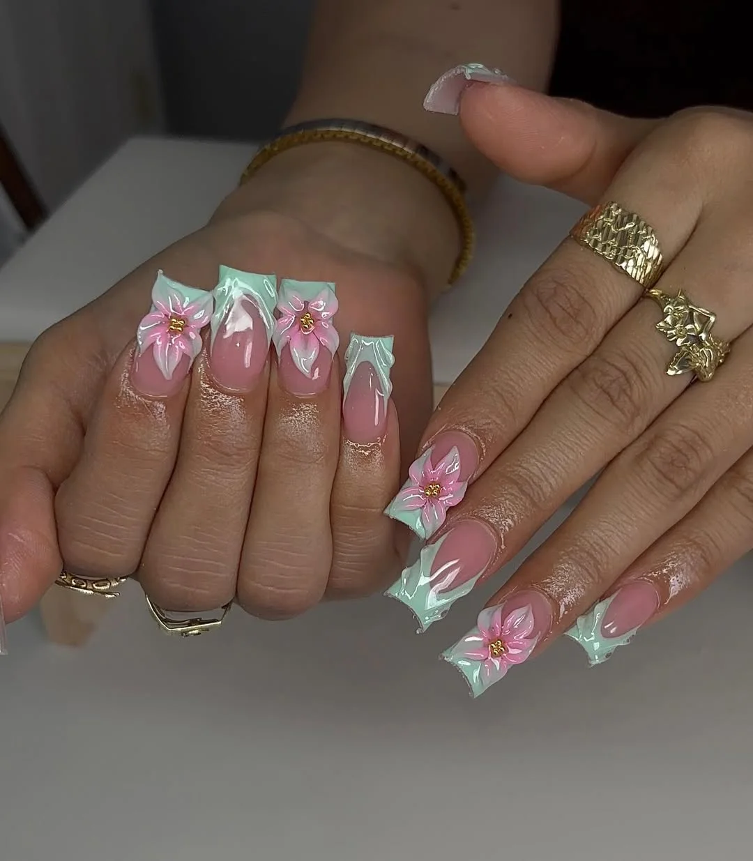 summer nails square 2026 Mint Green Floral Square Nails