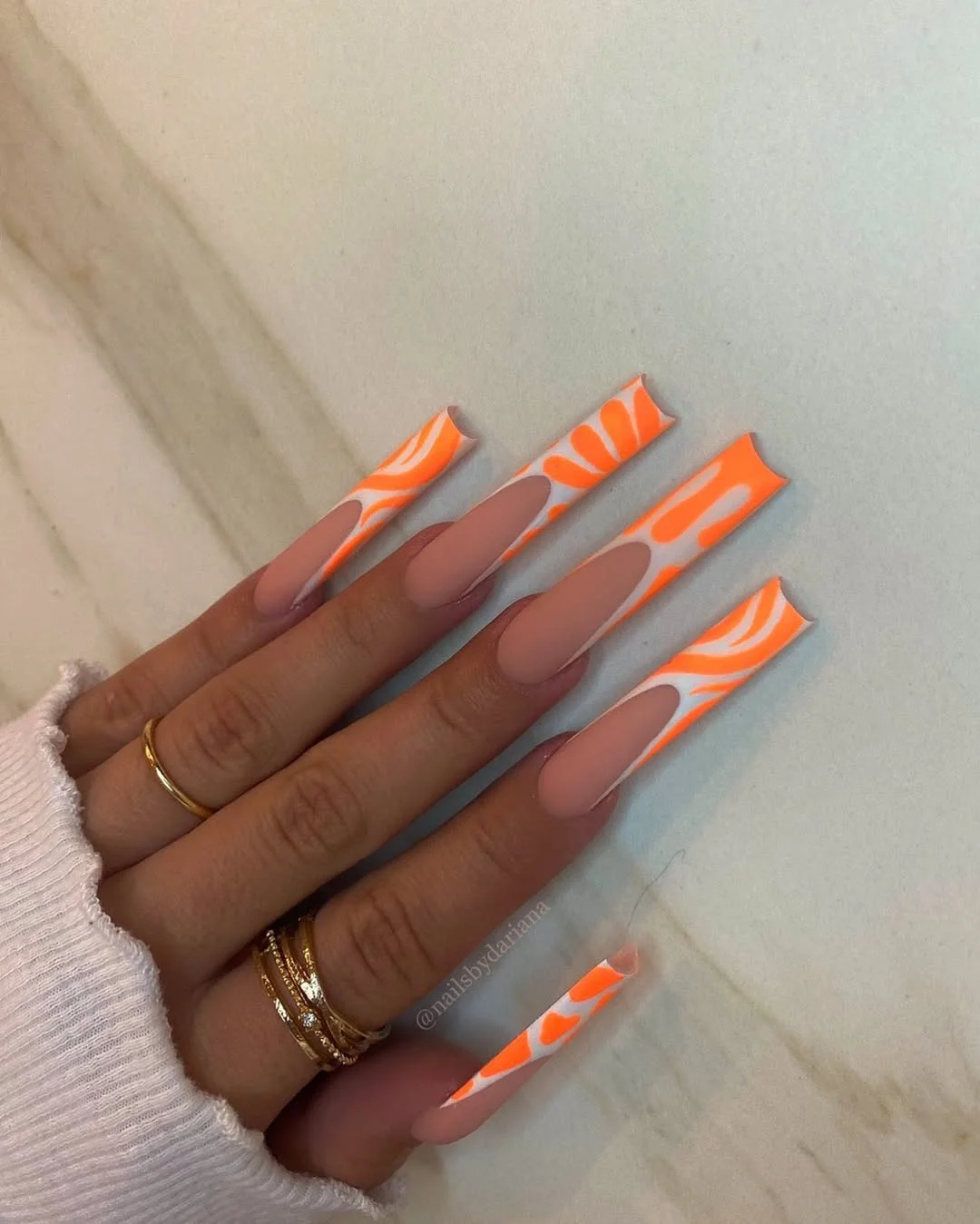 summer nails square 2026 Bright Orange Swirl Square Nails