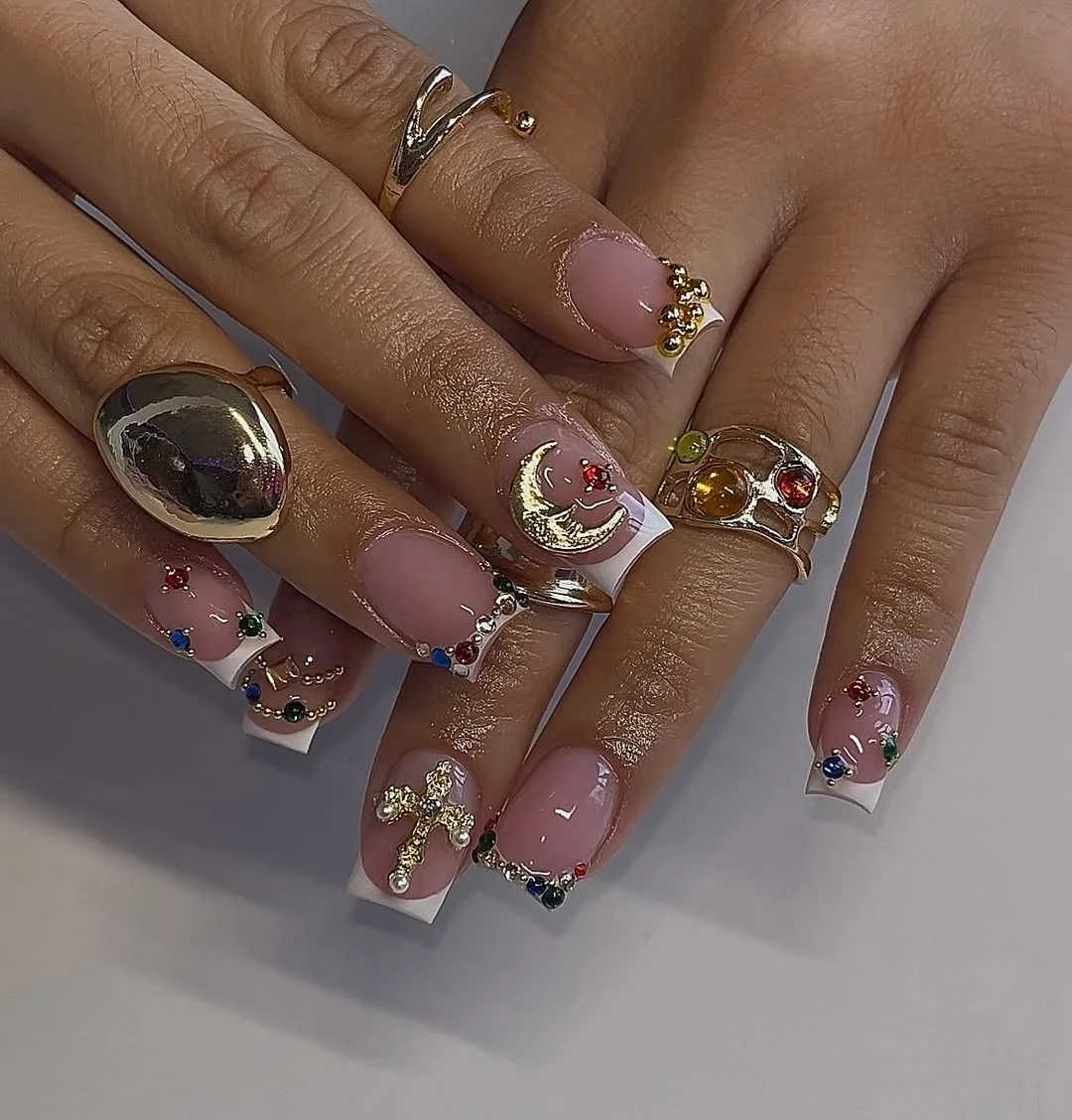 summer nails square 2026 Jewelry Inspired French Tip Nails