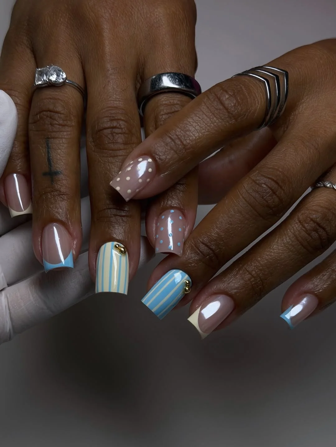 summer nails square 2026 Blue Polka Dot French Nails