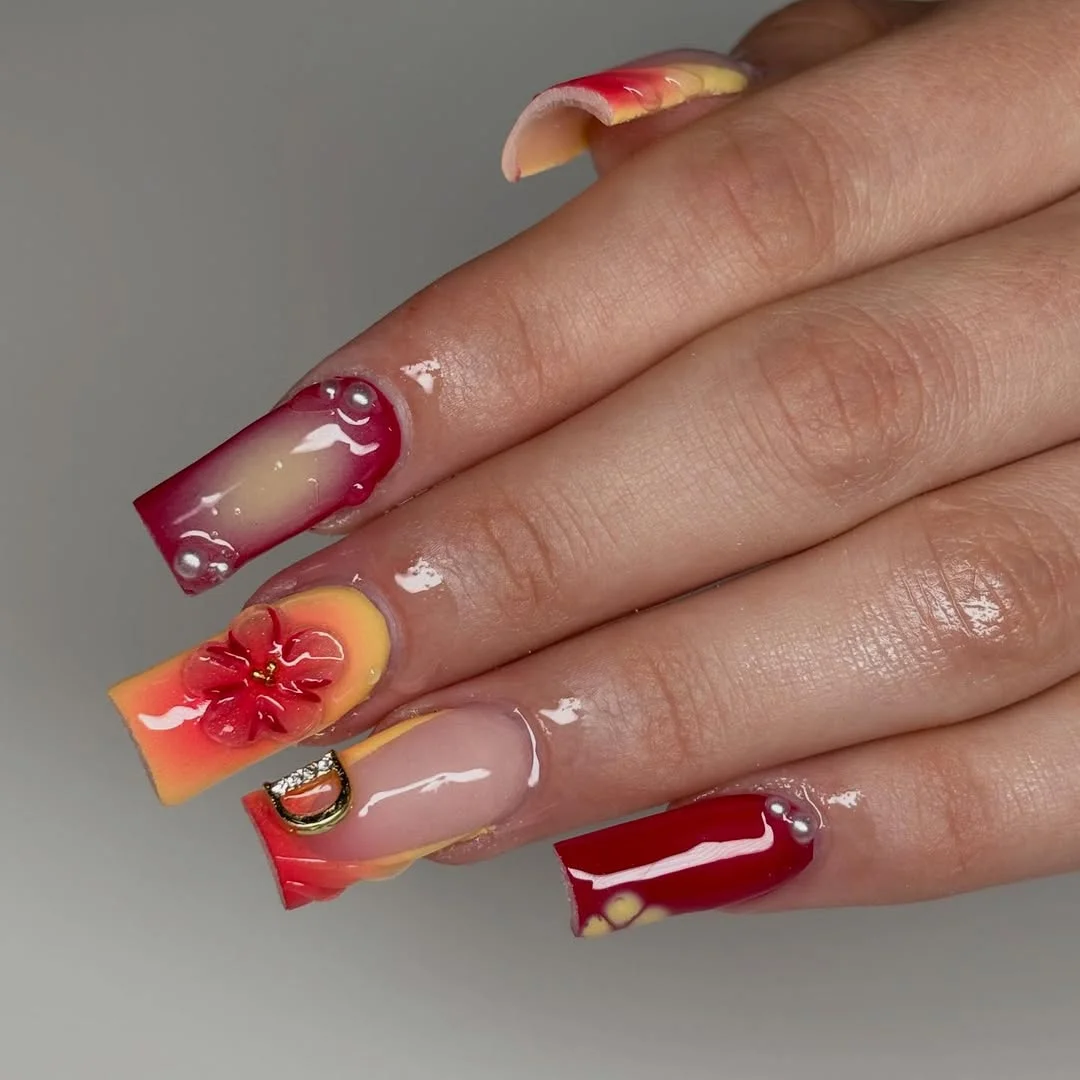 summer nails square 2026 Red And Yellow Tropical Nails