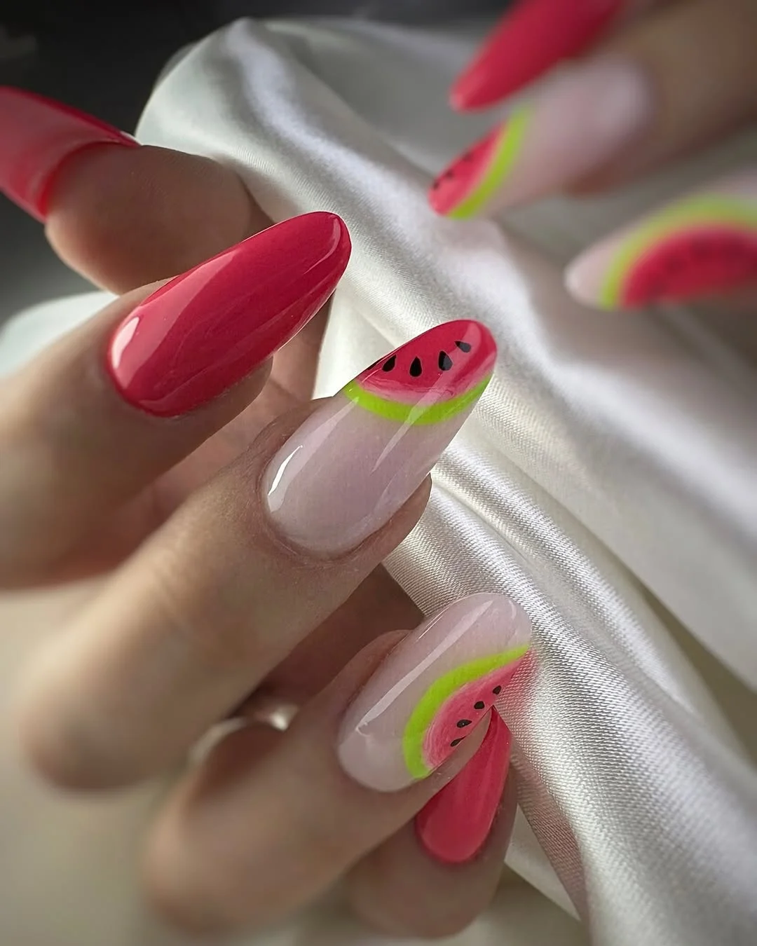 summer nails watermelon 2026 Neon Watermelon French With Glossy Almond Nails