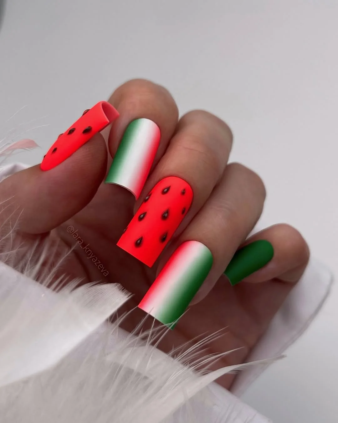 summer nails watermelon 2026 Matte Neon Watermelon Coffin Nails