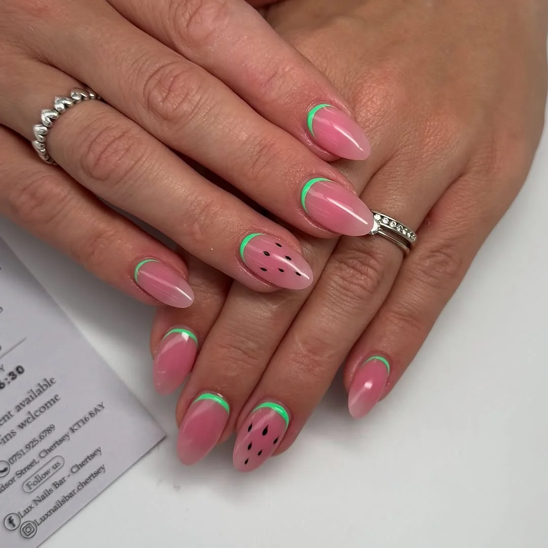 summer nails watermelon 2026 Minimal Watermelon French With A Clean Pink Base