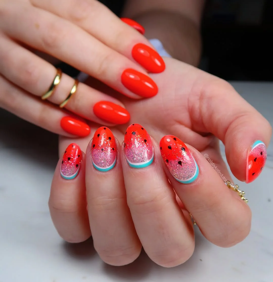 summer nails watermelon 2026 Juicy Glitter Watermelon Nails With Bright Neon Red